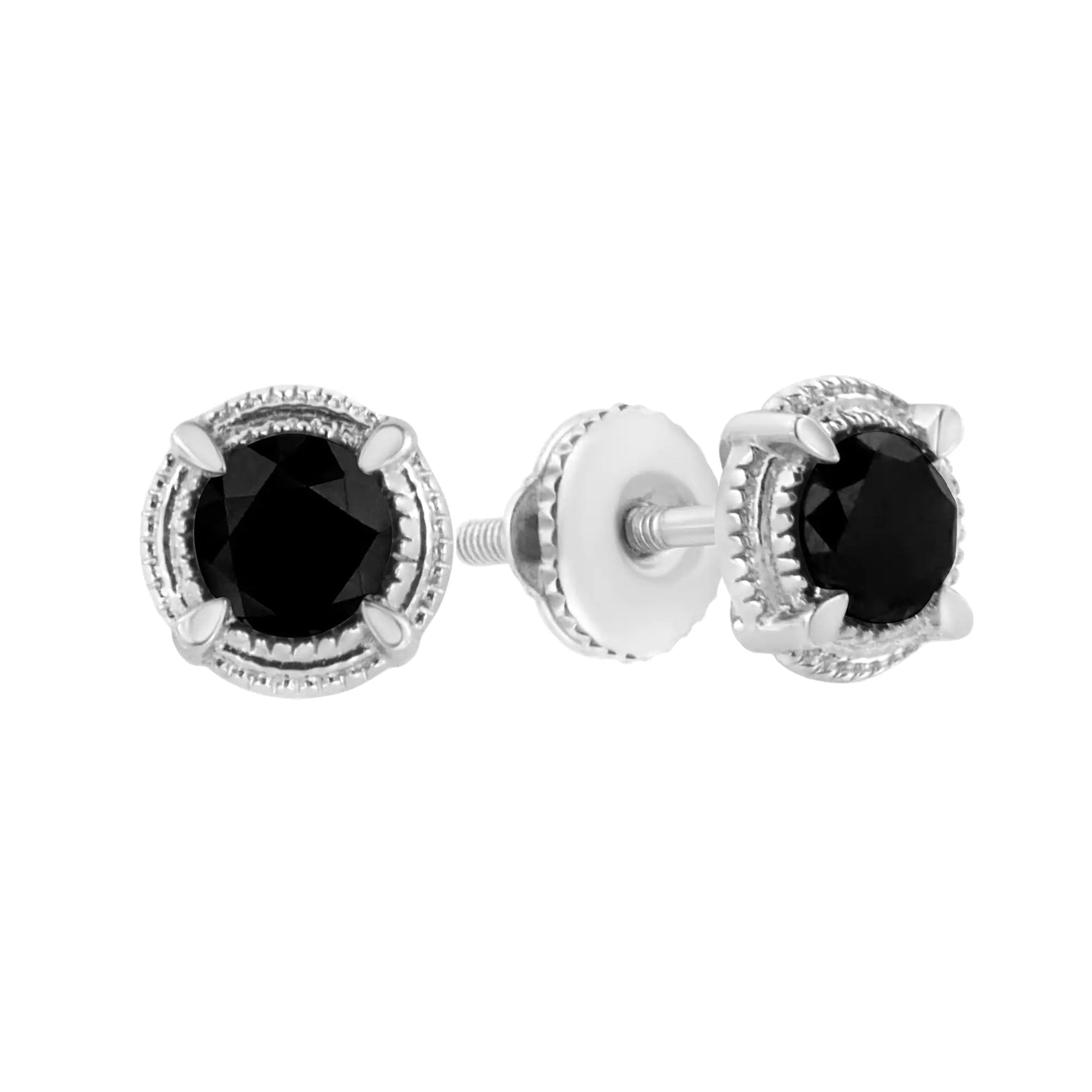 .925 Sterling Silver Treated Colored Diamond Modern 4-Prong Solitaire Milgrain Stud Earrings