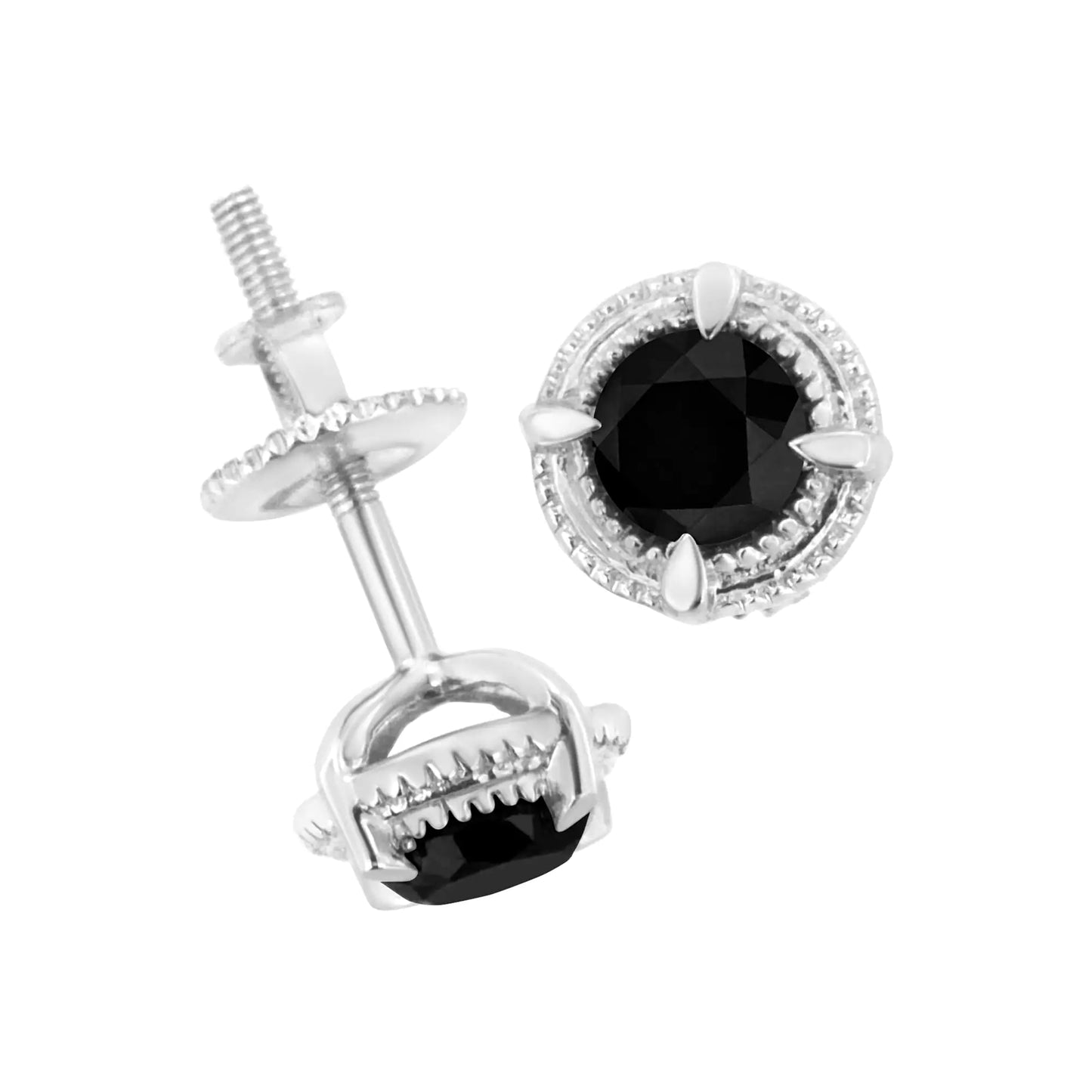 .925 Sterling Silver Treated Colored Diamond Modern 4-Prong Solitaire Milgrain Stud Earrings