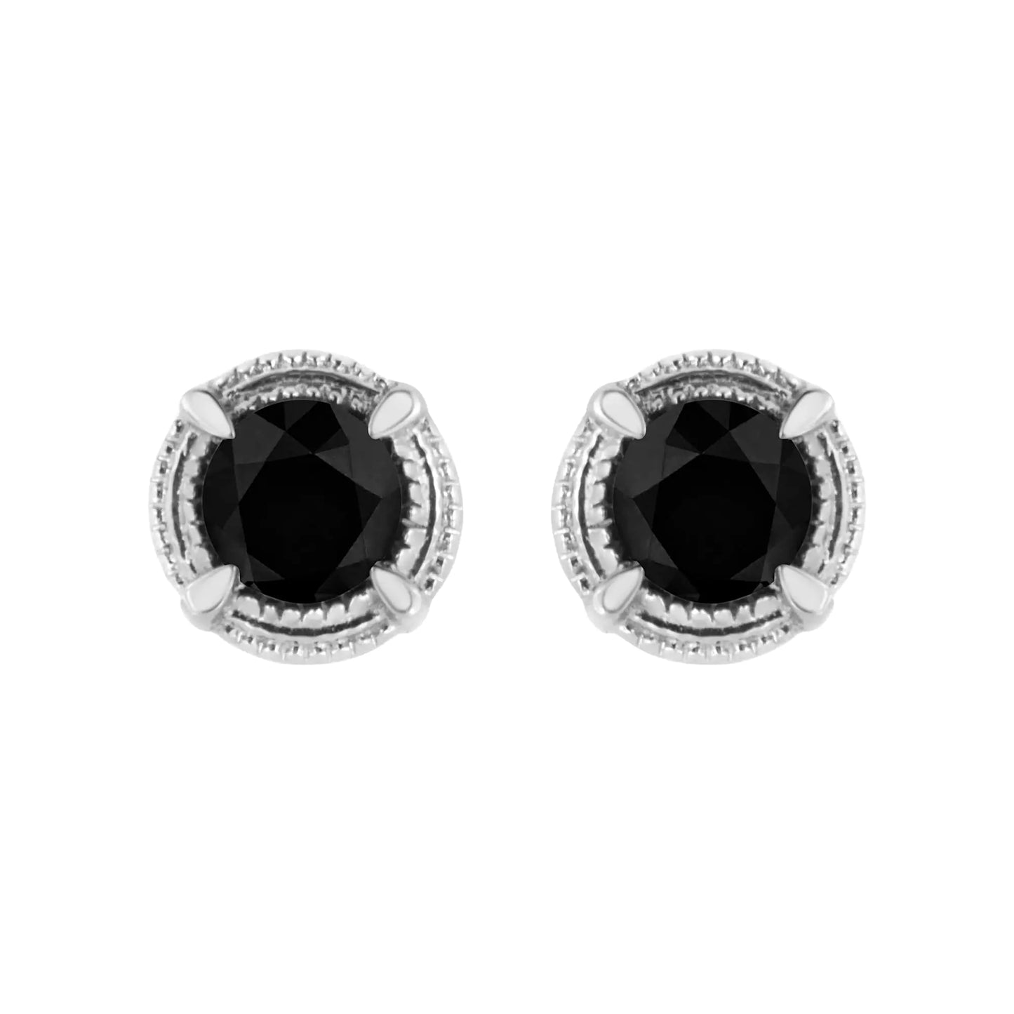 .925 Sterling Silver Treated Colored Diamond Modern 4-Prong Solitaire Milgrain Stud Earrings