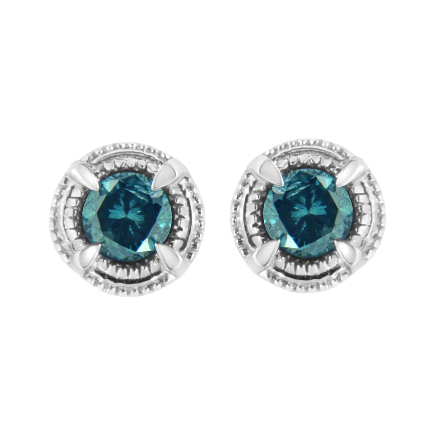 .925 Sterling Silver Treated Colored Diamond Modern 4-Prong Solitaire Milgrain Stud Earrings